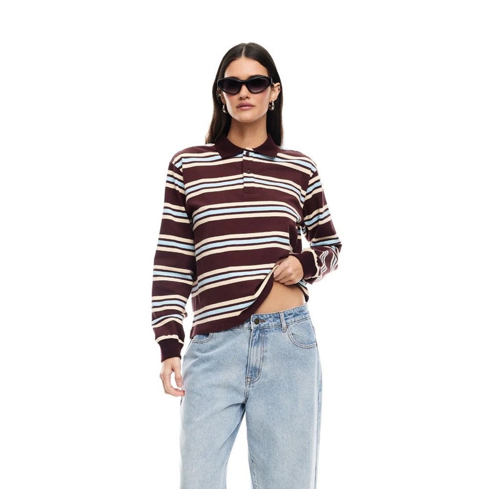 Lioness Burgundy Blue Striped Women's Rugby Top - Picture 3 of 7